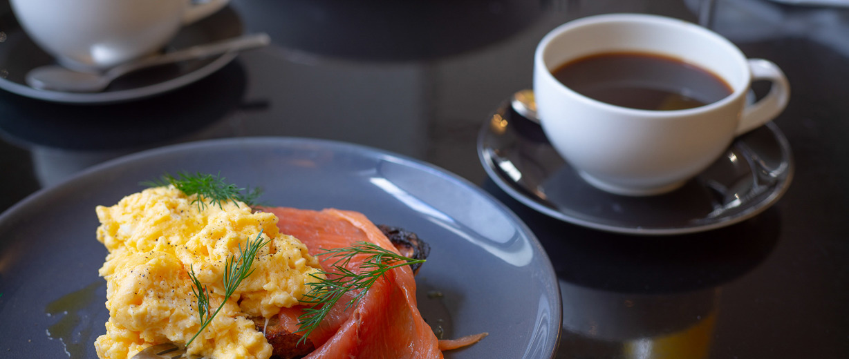 Brunch - smoked salmon and scrambled eggs, coffee, orange juice - The Crown at Woodbridge