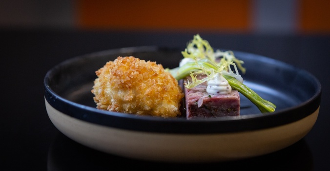 The Crown Ham Hock Terrine Crispy egg, mustard mayonnaise Mid shot